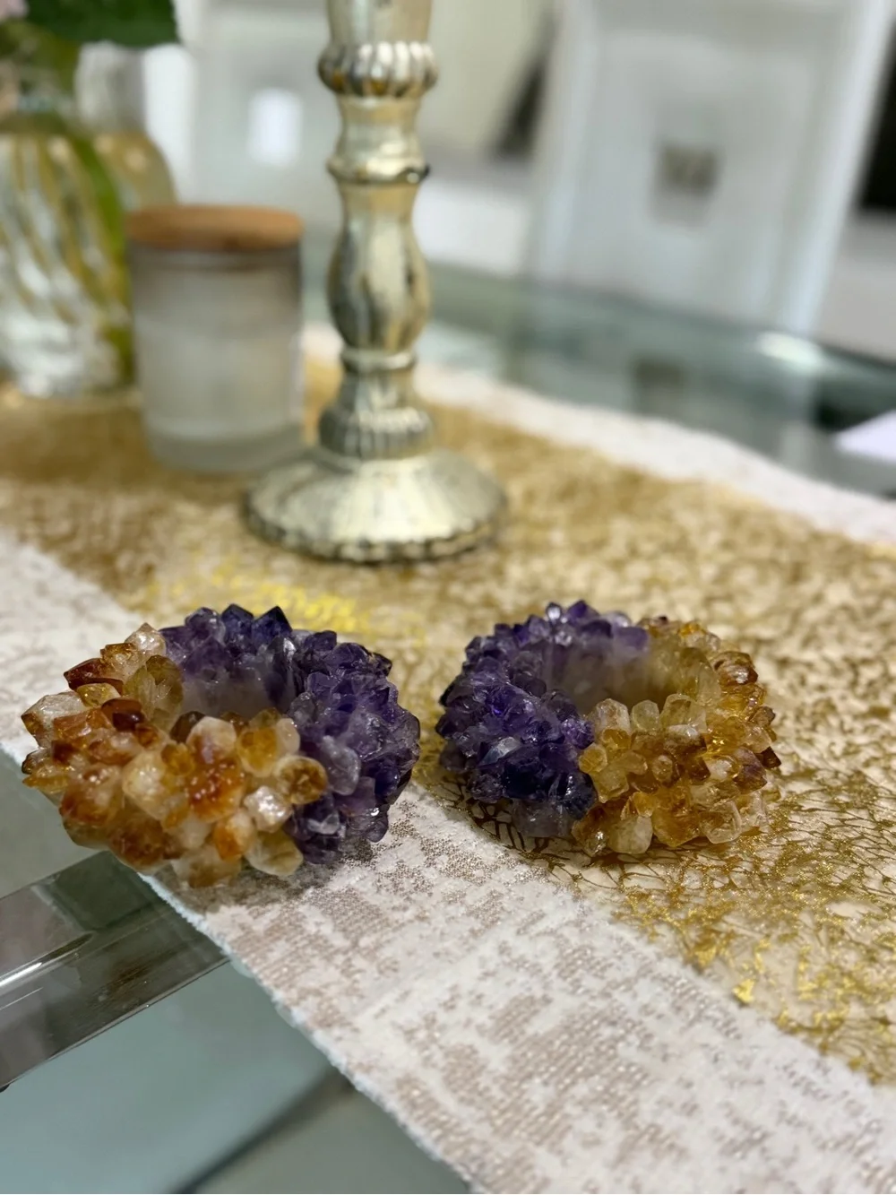 Handmade Amethyst & Citrine Candle Holders, Natural Gems - Set of 2